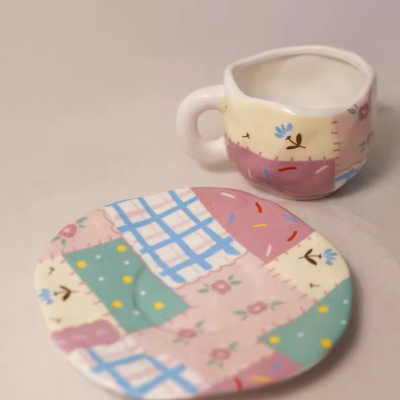 Pink Patchwork Coffee Cup and Saucer – 350ml