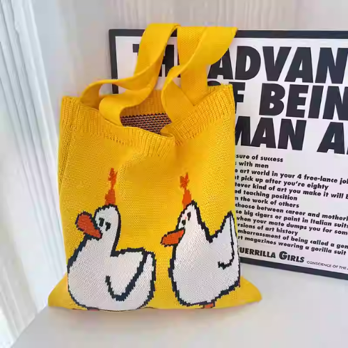 Yellow Knit Bag with Two White Ducks