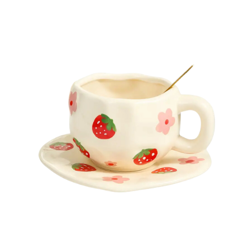Strawberry Bliss Ceramic Coffee Cup and Saucer Set