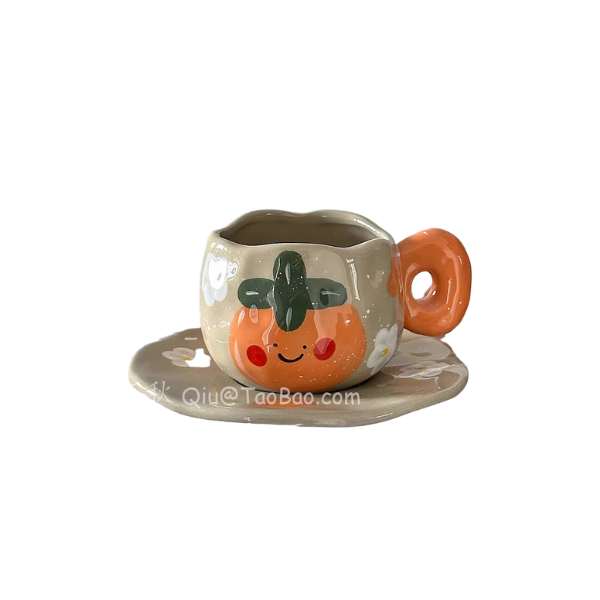 Vintage Hand-Painted Coarse Pottery Coffee Cup and Saucer Set - Persimmon