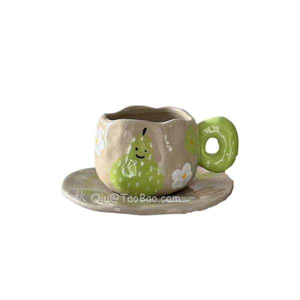 Vintage Hand-Painted Coarse Pottery Coffee Cup and Saucer Set - Pear