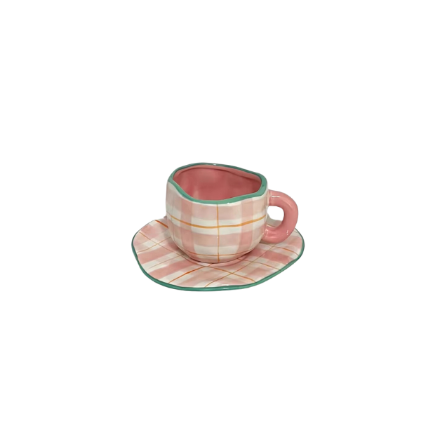 Vintage Hand-Painted Coarse Pottery Coffee Cup and Saucer Set - Pink Plaid Pattern