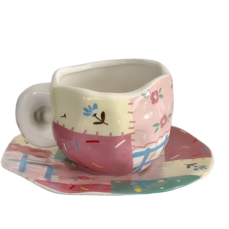 Pink Patchwork Coffee Cup and Saucer – 350ml