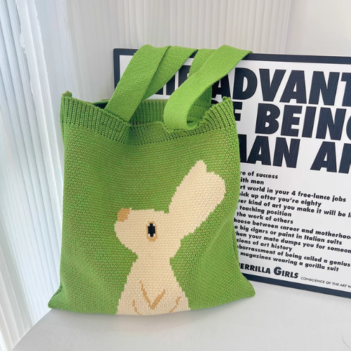 Green Knit Bag with Beige Rabbit