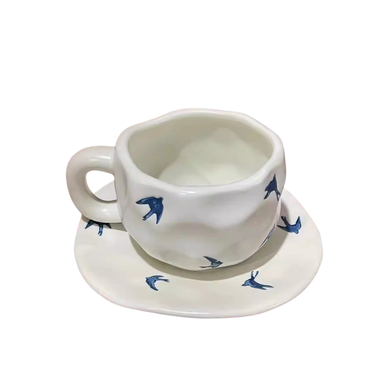 Matte White Blue Swallow Coffee Cup and Saucer – 350ml