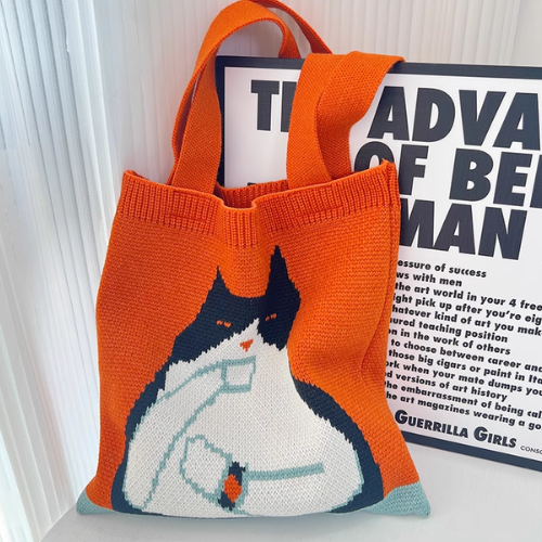 Orange Knit Bag with Cat Drinking Coffee