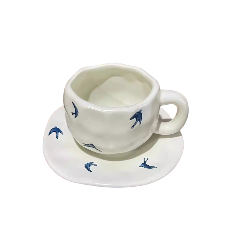Matte White Blue Swallow Coffee Cup and Saucer – 350ml