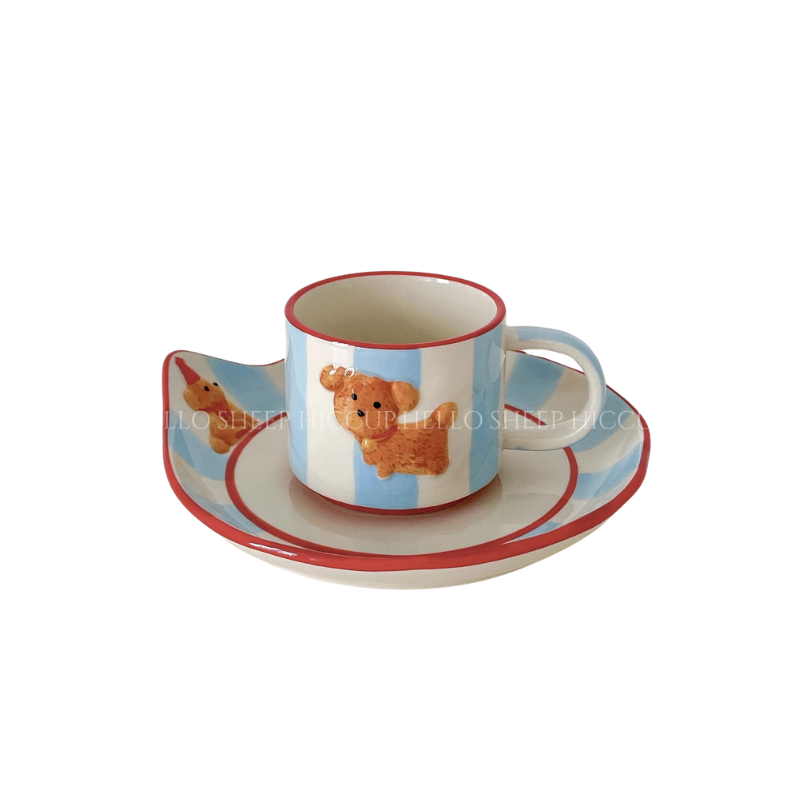 Hand-Painted Ceramic Coffee Cup – Blue and White Dog Design – 300ml