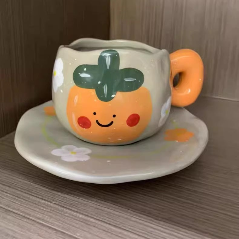 Vintage Hand-Painted Coarse Pottery Coffee Cup and Saucer Set - Persimmon