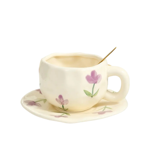 Purple Floral Tulip Ceramic Cup & Saucer Set